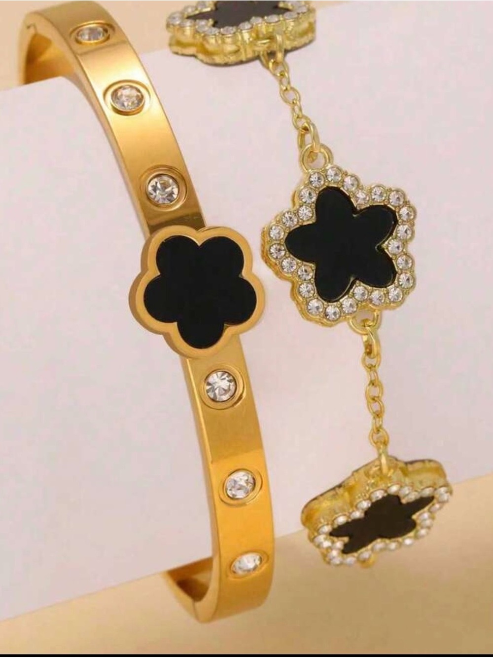 Gold-Tone Bracelet Set with Black Clover Motifs